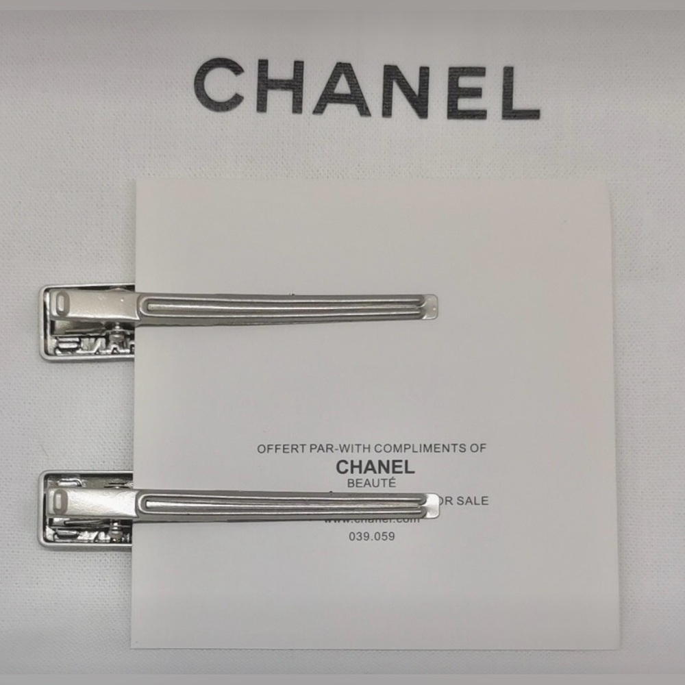 CHANEL Silver Hair Clips with Crystal Logo - Picture 4 of 9